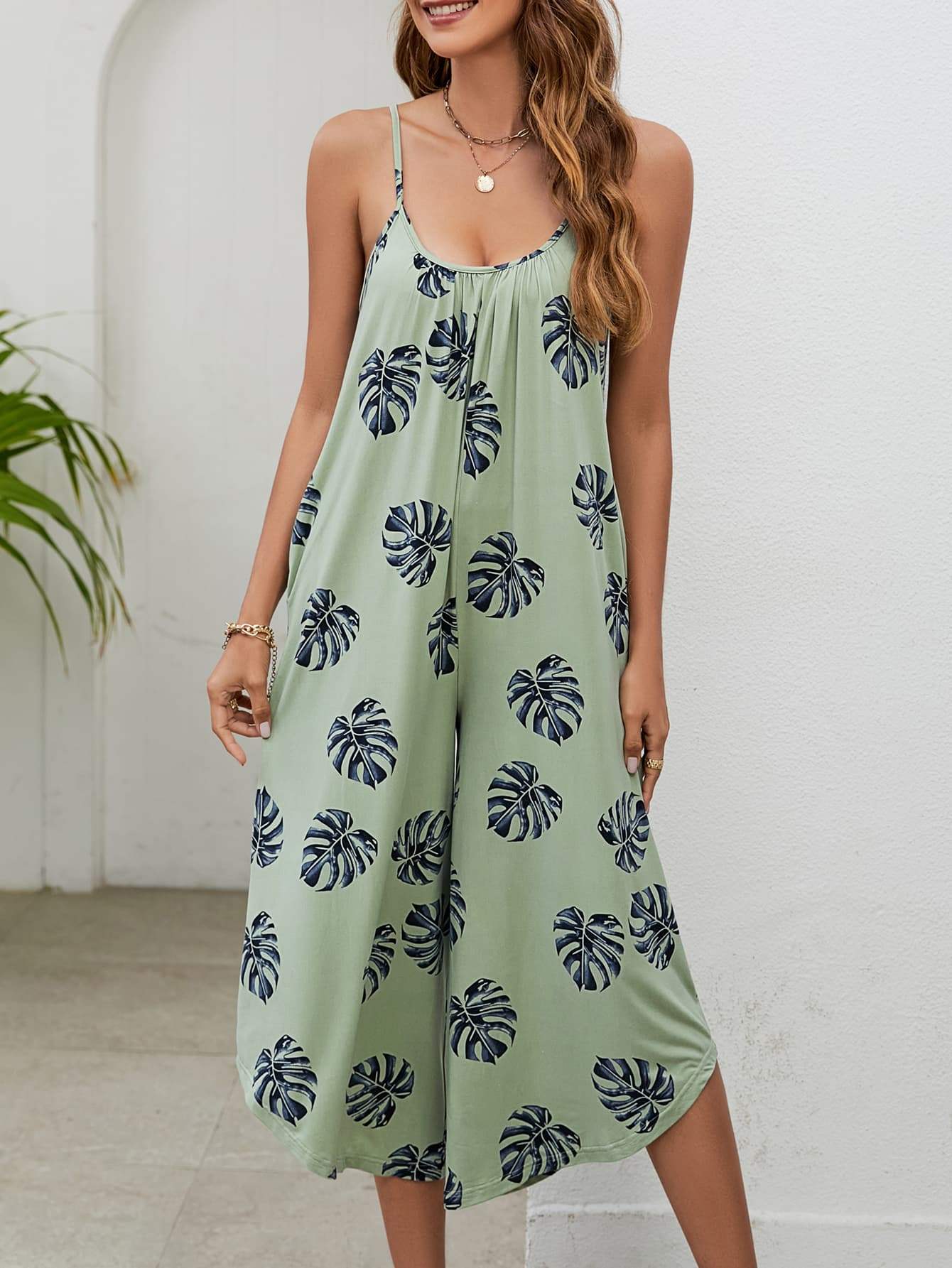 Botanical Print Spaghetti Strap Scoop Neck Jumpsuit - Trendsi - Flyclothing LLC
