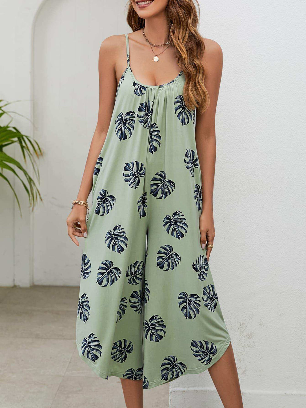 Botanical Print Spaghetti Strap Scoop Neck Jumpsuit - Trendsi - Flyclothing LLC