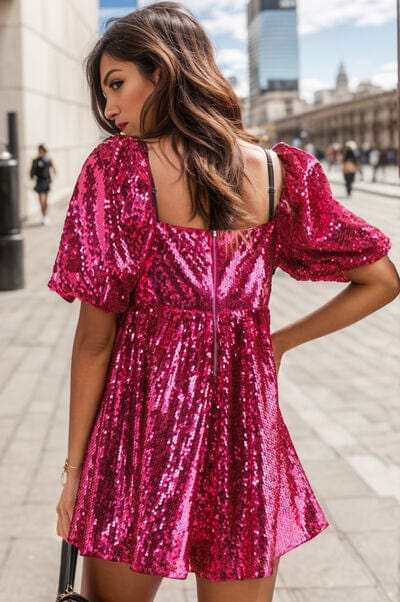 Sequin Square Neck Balloon Sleeve Romper - Trendsi - Flyclothing LLC