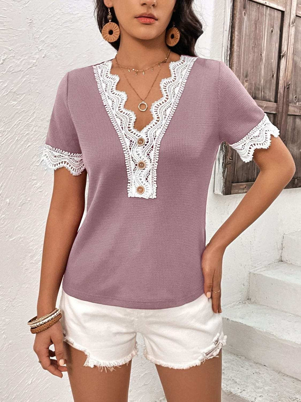 Lace Detail V-Neck Short Sleeve T-Shirt - Trendsi - Flyclothing LLC