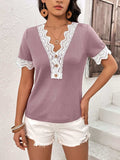 Lace Detail V-Neck Short Sleeve T-Shirt - Trendsi - Flyclothing LLC