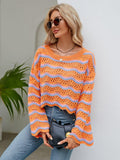 Round Neck Openwork Flare Sleeve Knit Top - Trendsi