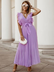 Tied Surplice Cap Sleeve Pleated Dress - Flyclothing LLC