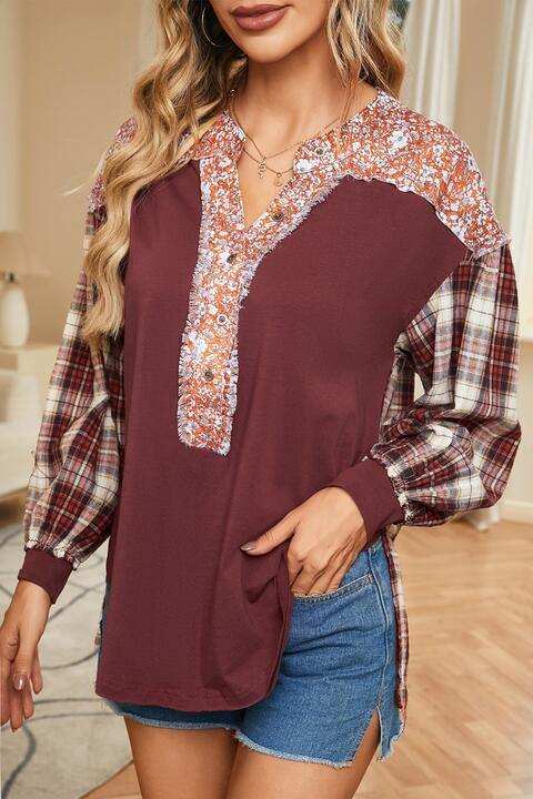 Plaid Notched Neck Slit Blouse - Trendsi - Flyclothing LLC