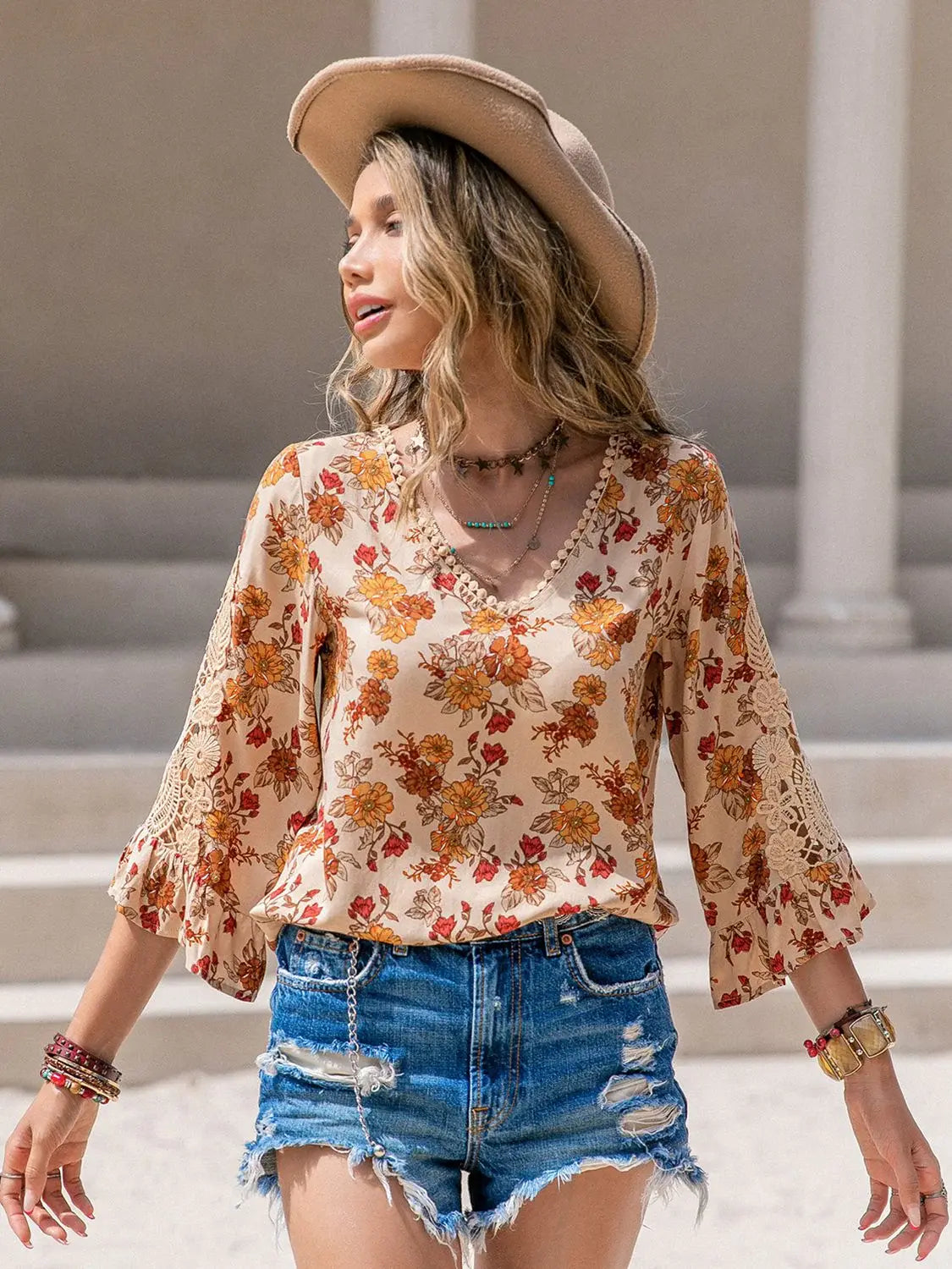 Floral V-Neck Spliced Lace Blouse - Trendsi - Flyclothing LLC
