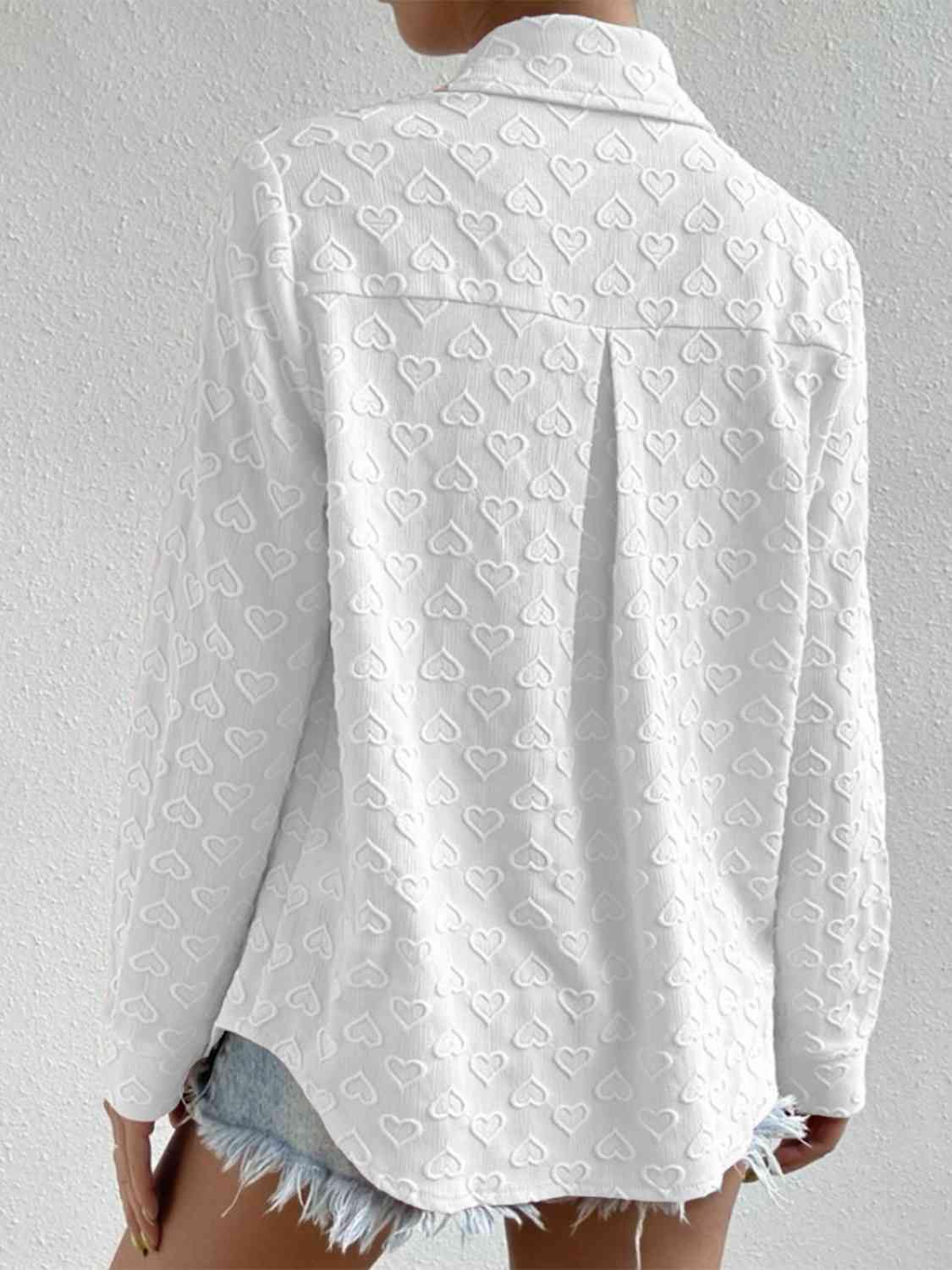 Heart Collared Neck Button Down Shirt - Trendsi