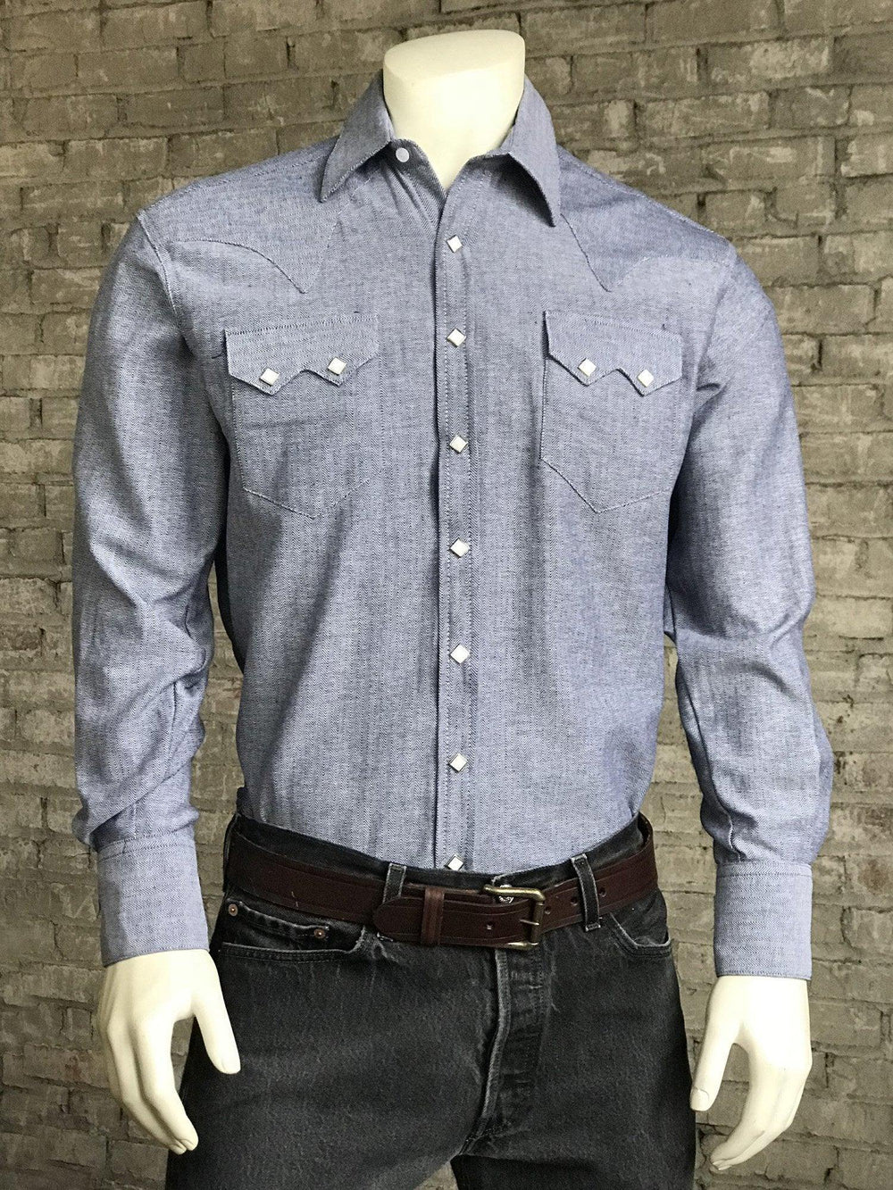 Rockmount Ranch Wear Mens Blue Pima Cotton Herringbone Western Shirt - Rockmount Clothing