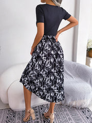 Printed Round Neck Pleated Dress - Trendsi
