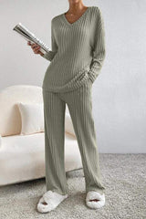 Ribbed V-Neck Top and Pants Set - Trendsi - Flyclothing LLC