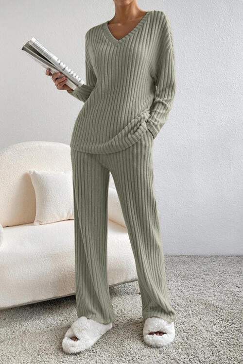 Ribbed V-Neck Top and Pants Set - Trendsi - Flyclothing LLC