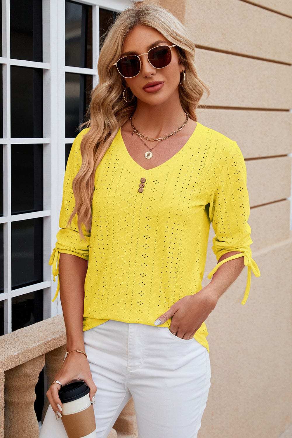 Eyelet Drawstring V-Neck Half Sleeve T-Shirt - Trendsi - Flyclothing LLC