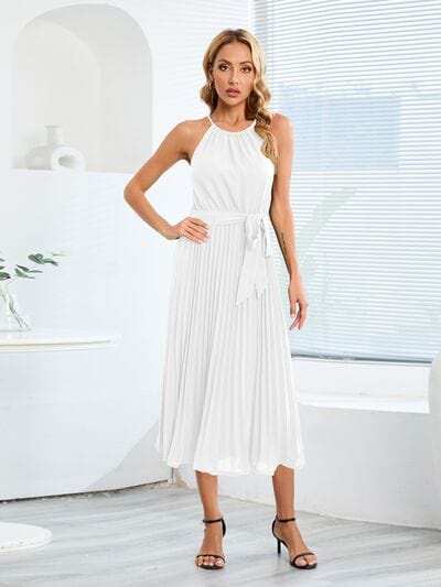 Pleated Spaghetti Strap Tie Waist Midi Dress - Trendsi - Flyclothing LLC