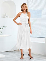 Pleated Spaghetti Strap Tie Waist Midi Dress - Trendsi