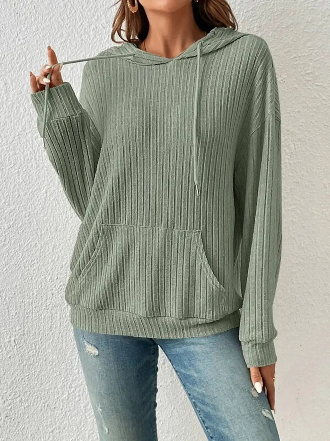 Ribbed Dropped Shoulder Drawstring Hoodie - Trendsi - Flyclothing LLC