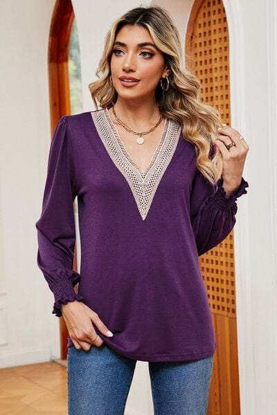 Lace Detail V-Neck Lantern Sleeve T-Shirt - Trendsi - Flyclothing LLC