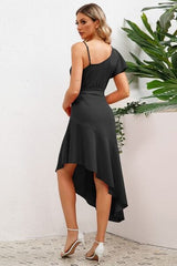 Ruffled Asymmetrical Neck Flutter Sleeve Dress - Trendsi