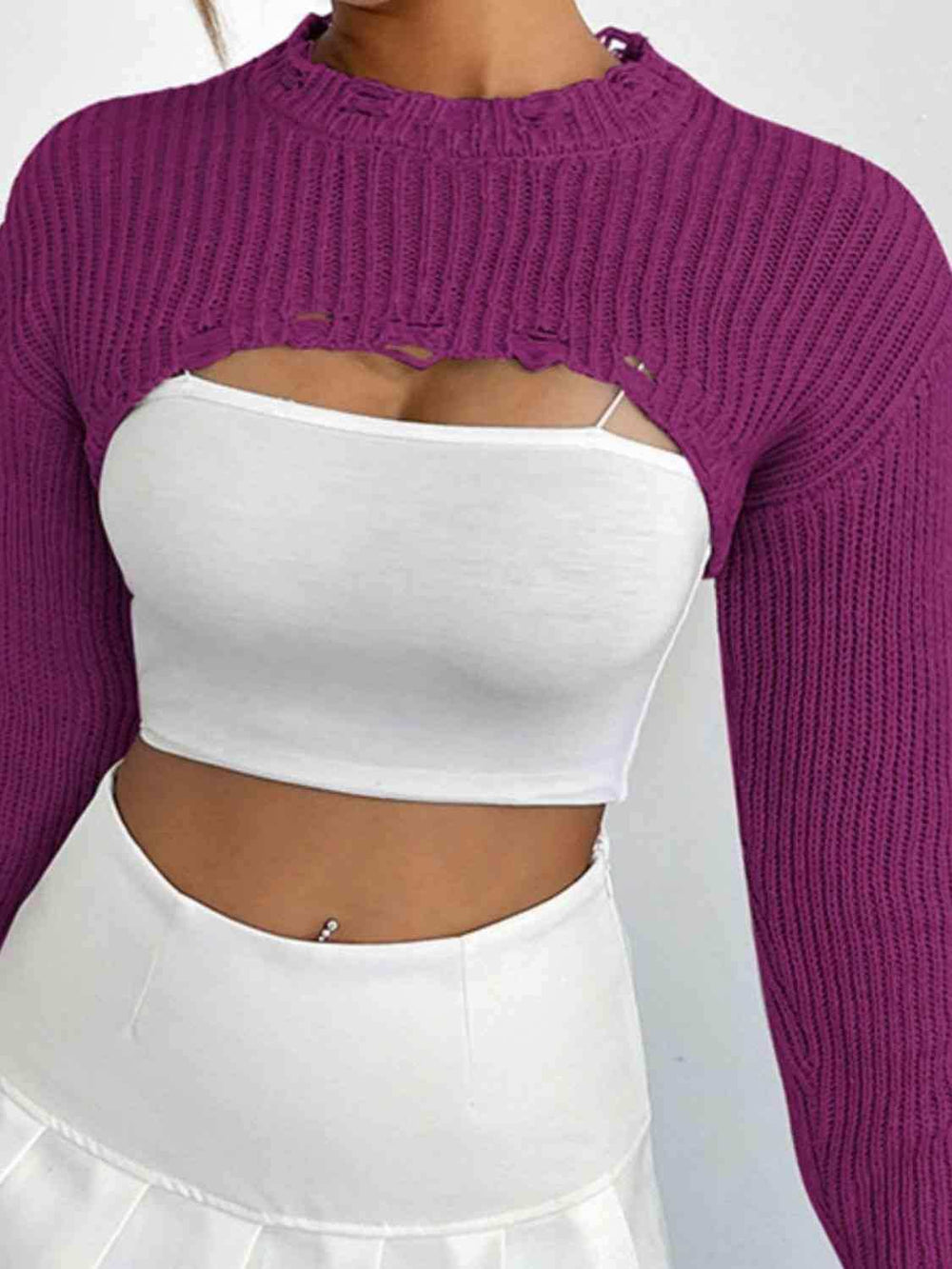 Distressed Long Sleeve Cropped Sweater - Trendsi - Flyclothing LLC