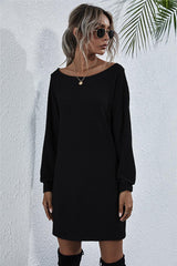 Waffle-Knit Boat Neck Mini Dress - Flyclothing LLC
