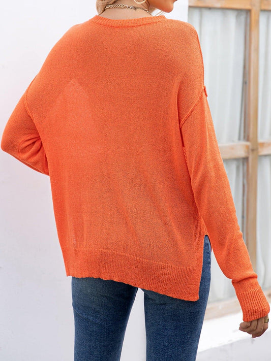 Round Neck Dropped Shoulder Slit T-Shirt - Trendsi