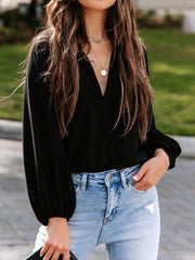 Notched Neck Long Sleeve Blouse - Trendsi