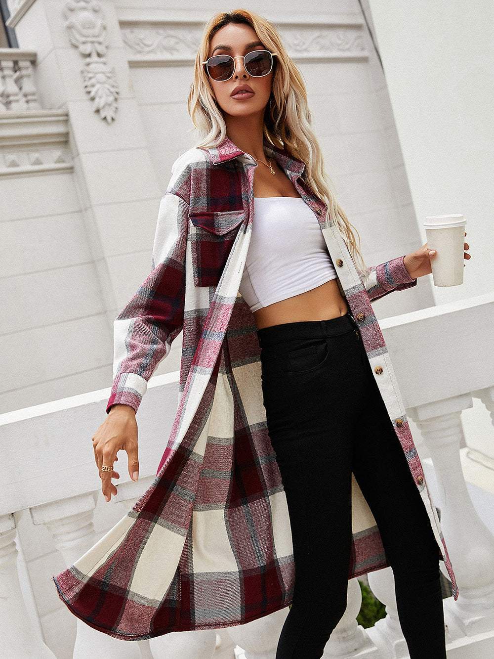 Plaid Longline Shirt Jacket - Trendsi - Flyclothing LLC
