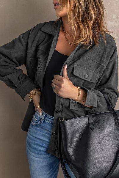 Button Up Collared Neck Long Sleeve Jacket - Trendsi - Flyclothing LLC