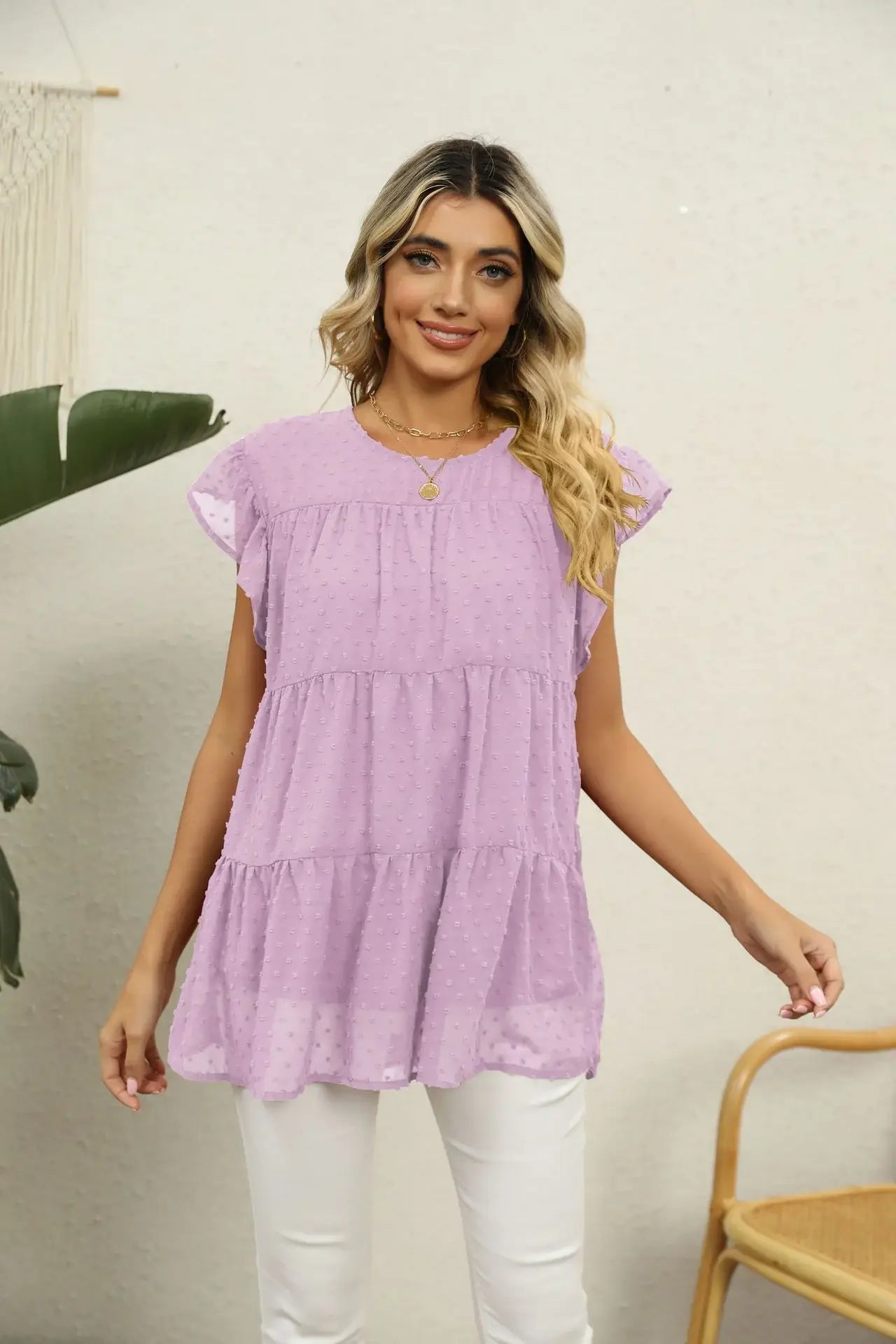Swiss Dot Round Neck Tiered Blouse - Trendsi - Flyclothing LLC
