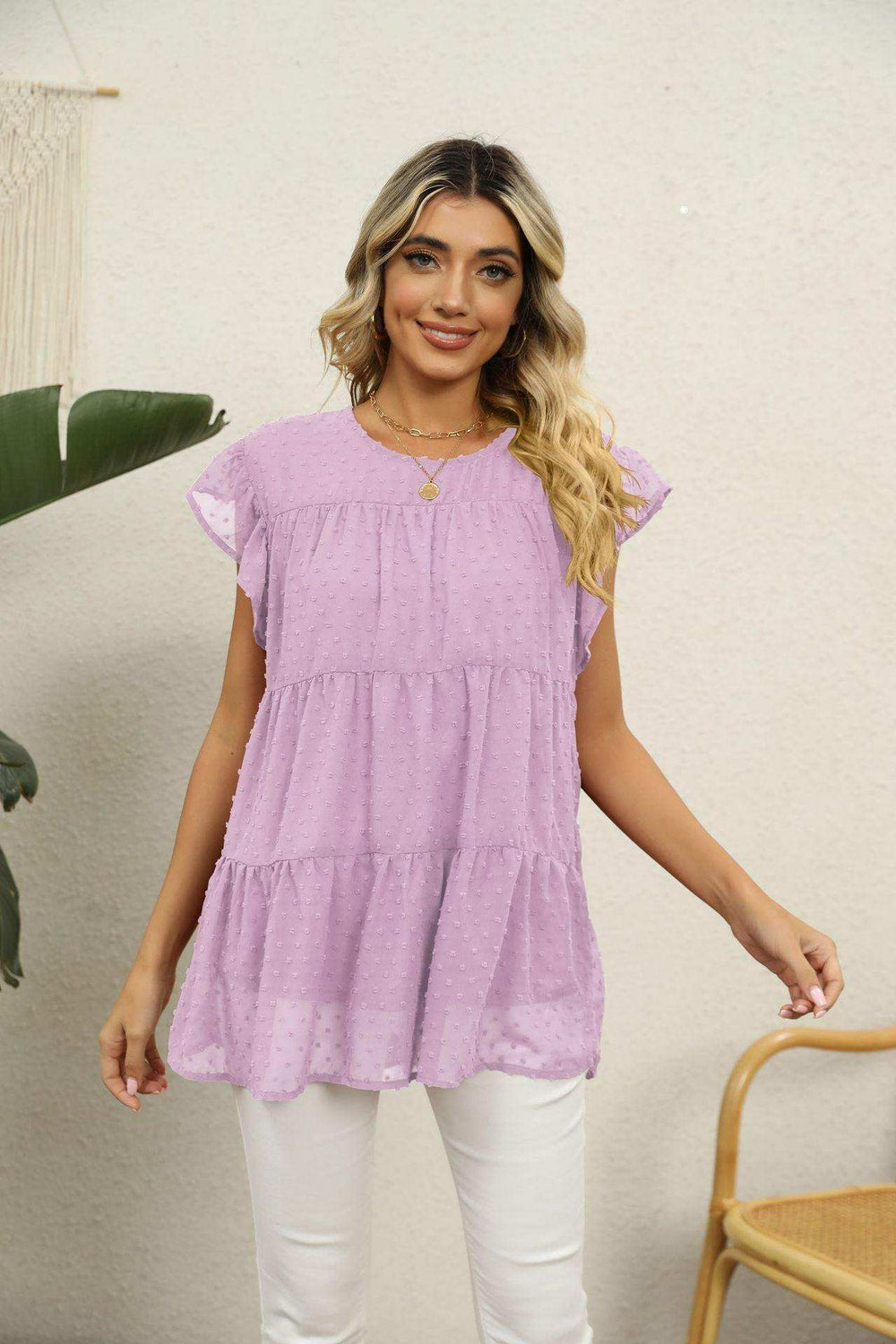 Swiss Dot Round Neck Tiered Blouse - Trendsi - Flyclothing LLC