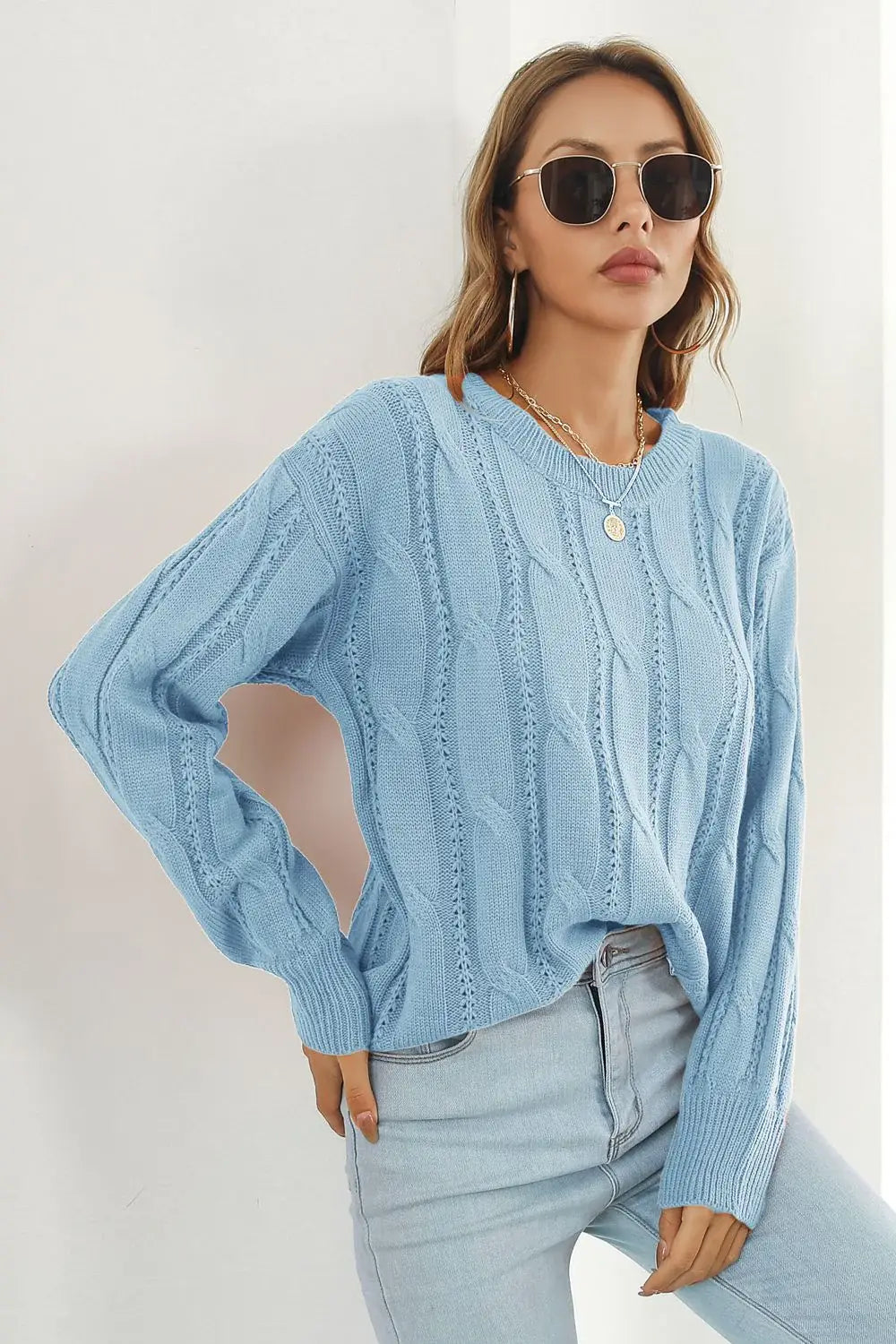 Round Neck Long Sleeve Sweater - Trendsi - Flyclothing LLC