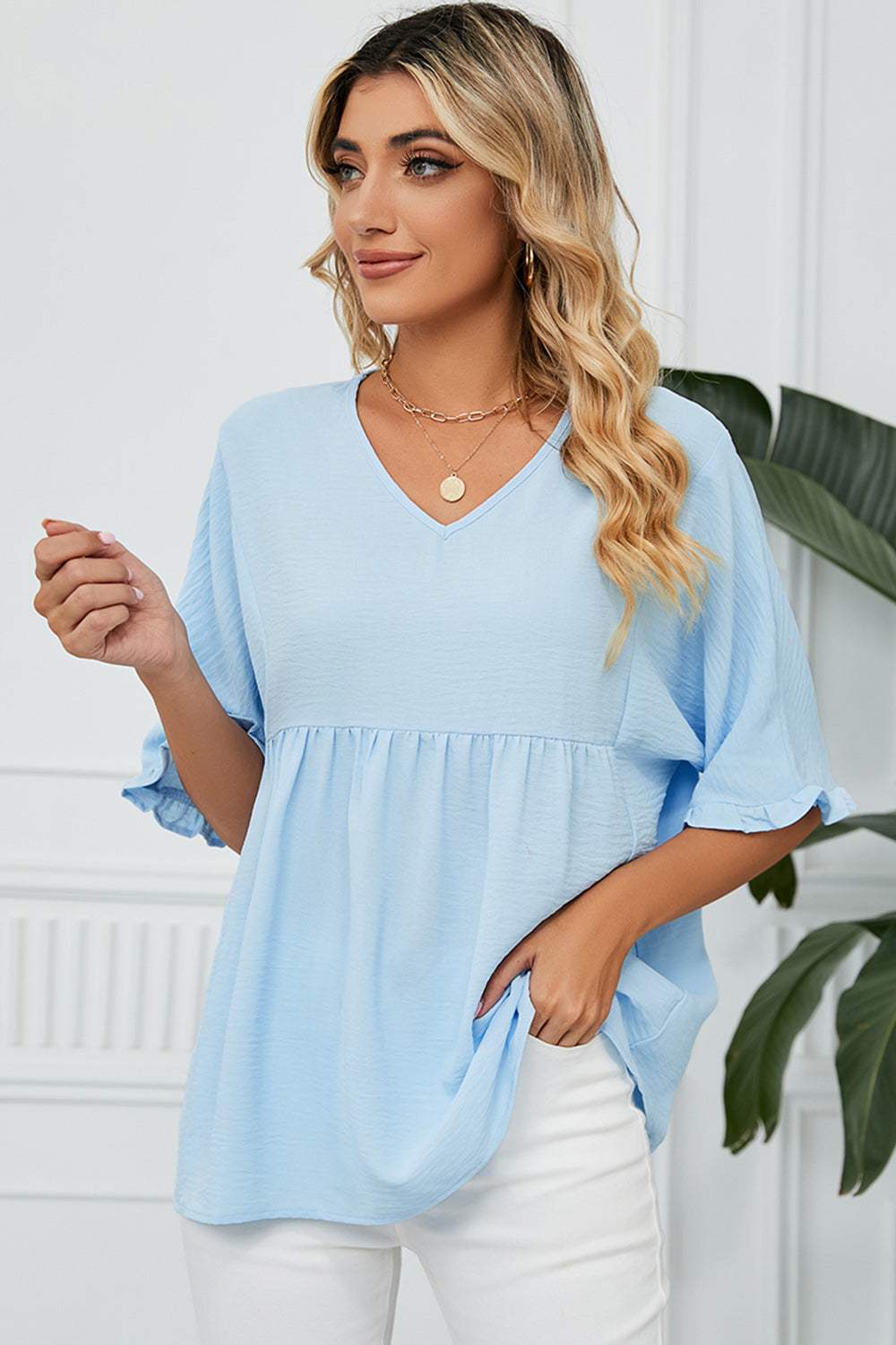 Peplum V-Neck Half Sleeve T-Shirt - Trendsi - Flyclothing LLC