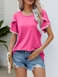 Pom-Pom Trim Flutter Sleeve Round Neck Tee - Flyclothing LLC