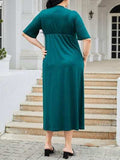 Plus Size Slit Surplice Short Sleeve Midi Dress - Trendsi - Flyclothing LLC