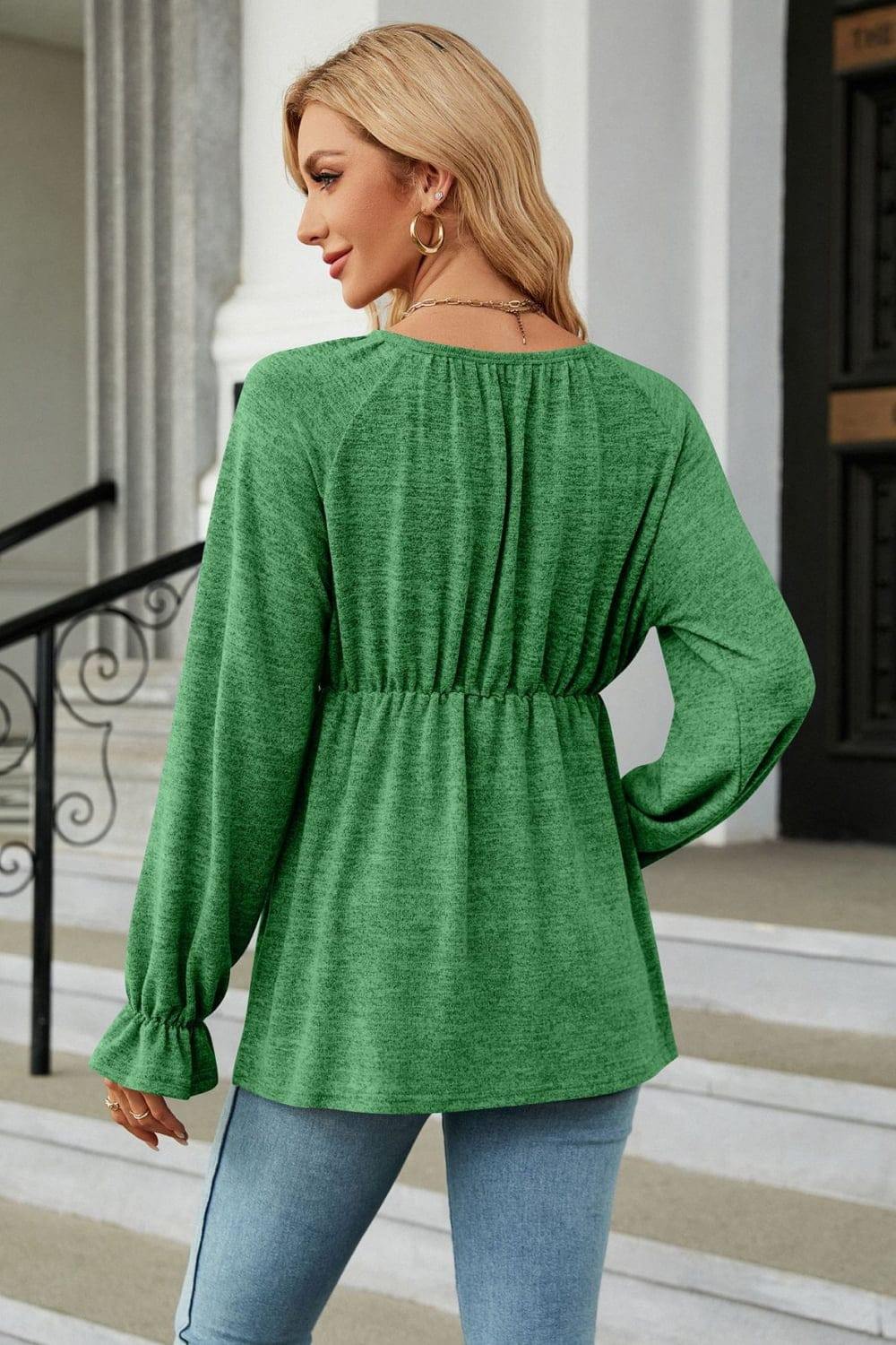 Round Neck Flounce Sleeve Blouse - Trendsi