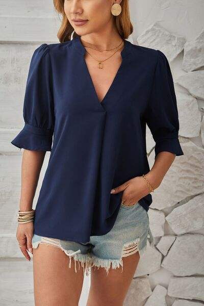 Notched Half Sleeve T-Shirt - Trendsi - Flyclothing LLC