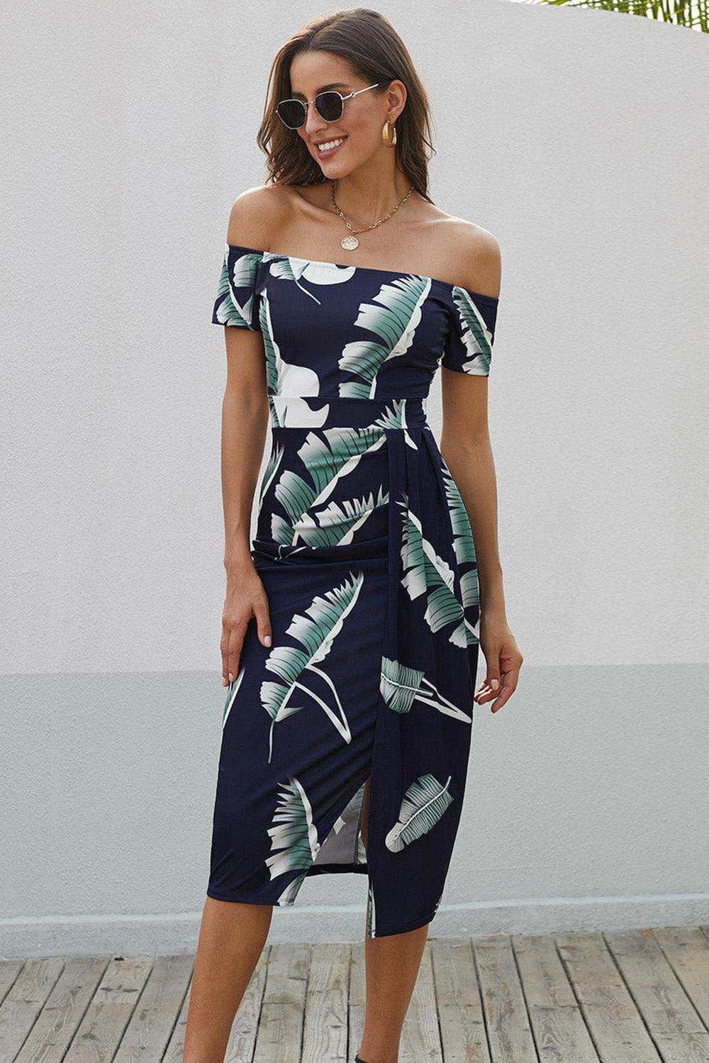 Printed Off-Shoulder Split Dress - Trendsi - Flyclothing LLC
