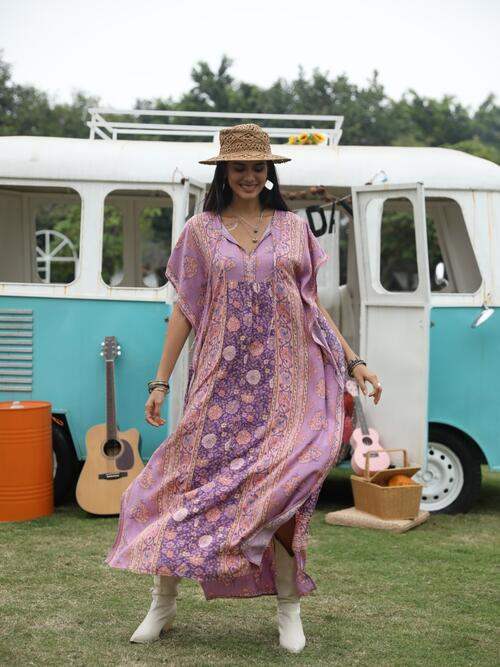 Printed Tie Neck Short Sleeve Dress - Trendsi - Flyclothing LLC