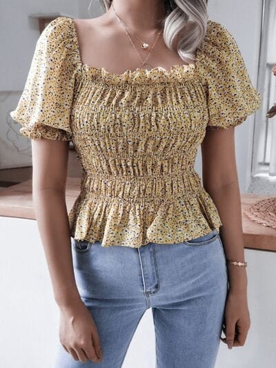 Frill Smocked Square Neck Short Sleeve Blouse - Trendsi
