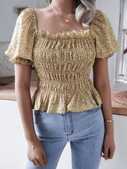 Frill Smocked Square Neck Short Sleeve Blouse - Trendsi