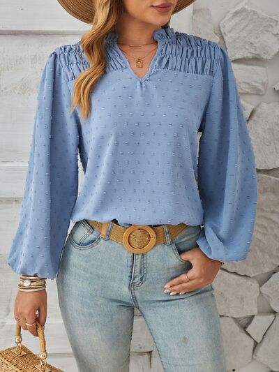 Ruched Swiss Dot Notched Balloon Sleeve T-Shirt - Trendsi - Flyclothing LLC