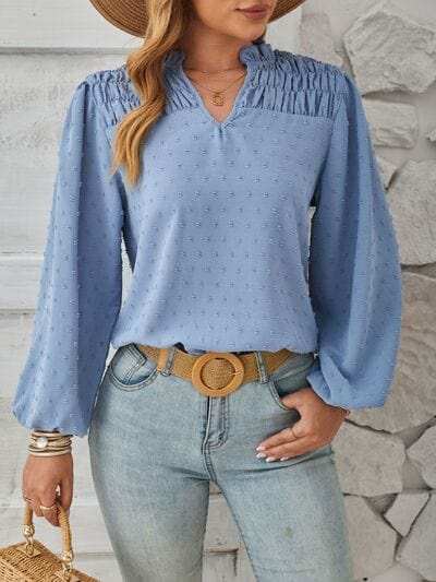 Ruched Swiss Dot Notched Balloon Sleeve T-Shirt - Trendsi - Flyclothing LLC