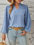 Ruched Swiss Dot Notched Balloon Sleeve T-Shirt - Trendsi - Flyclothing LLC