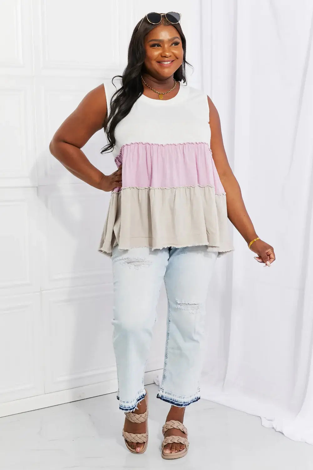 White Birch Full Size Watching the Sunset Color Block Babydoll Top - Trendsi - Flyclothing LLC