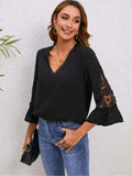 V-Neck Lace Detail Flounce Sleeve Blouse - Trendsi - Flyclothing LLC