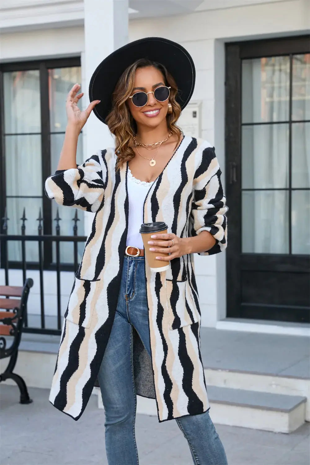 Printed Open Front Pocketed Cardigan - Trendsi - Flyclothing LLC