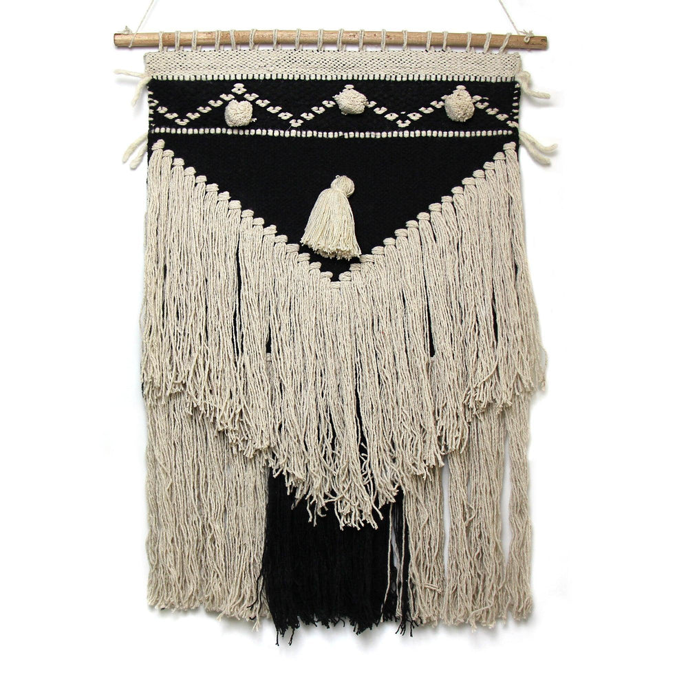 Handwoven Boho Wall Hanging, Charcoal & Cream - Asha Handicrafts