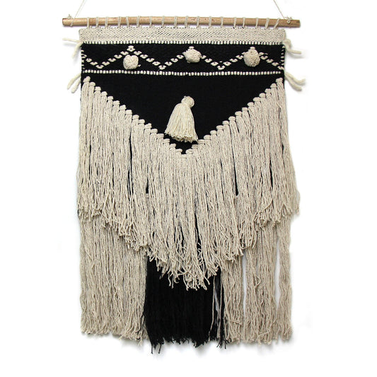 Handwoven Boho Wall Hanging, Charcoal & Cream - Asha Handicrafts