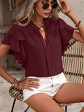 Ruffled Notched Short Sleeve Blouse - Trendsi - Flyclothing LLC