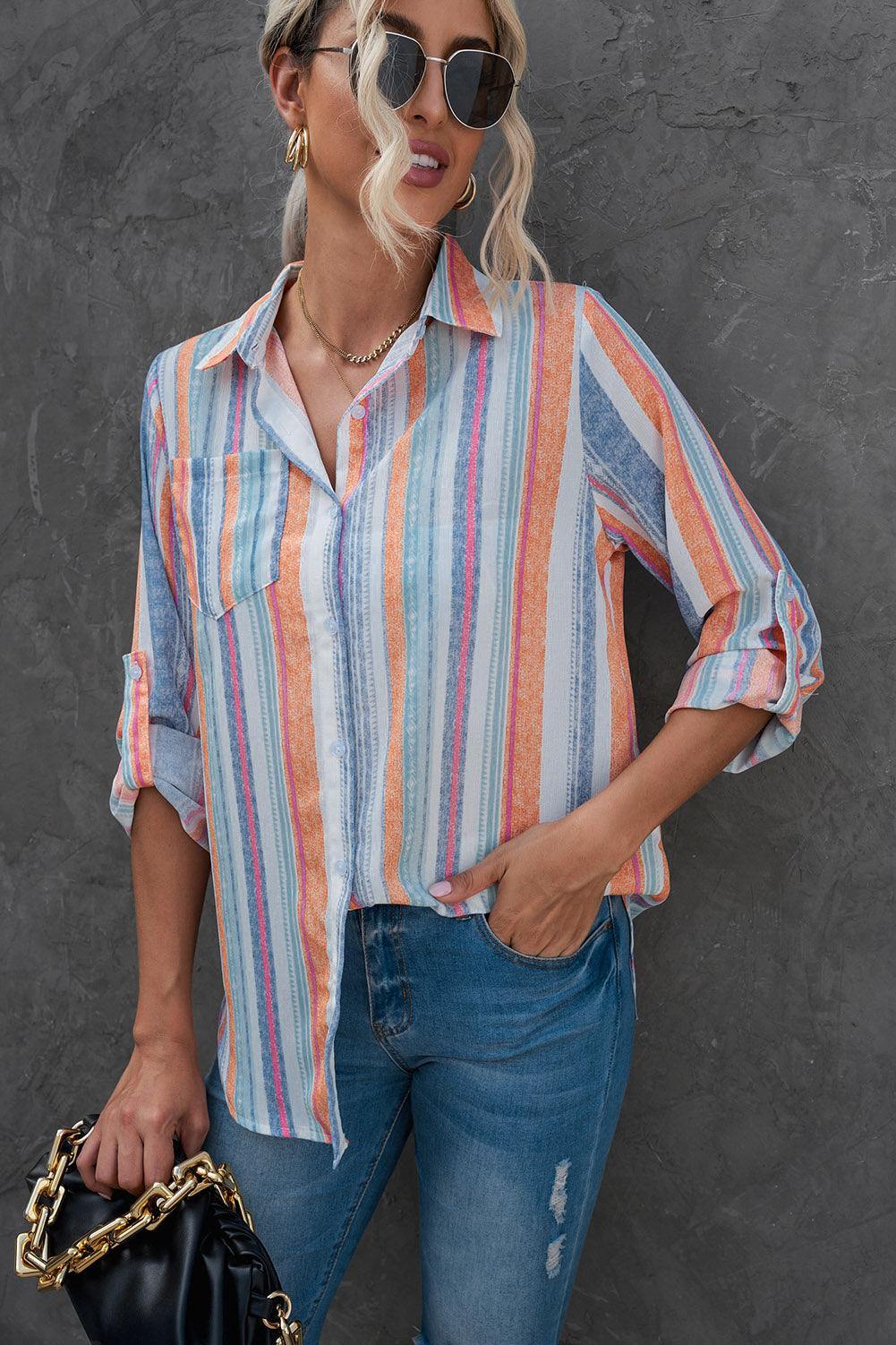 Striped Button-Up Curved Hem Shirt with Breast Pocket - Flyclothing LLC