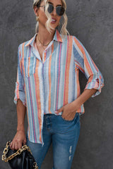 Striped Button-Up Curved Hem Shirt with Breast Pocket - Trendsi - Flyclothing LLC