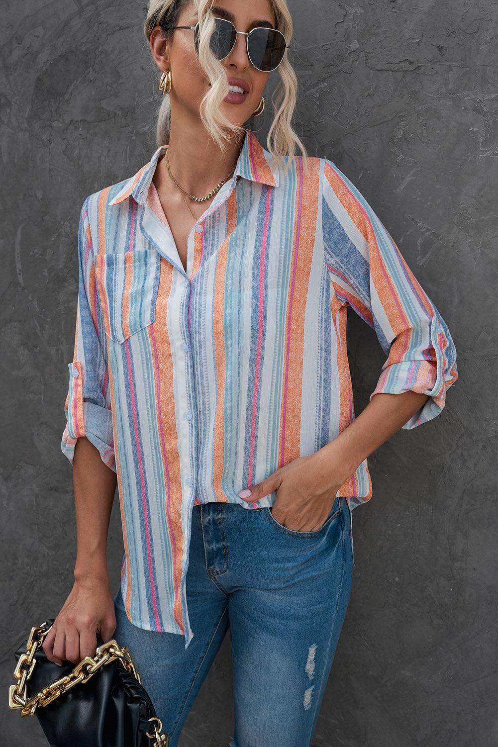 Striped Button-Up Curved Hem Shirt with Breast Pocket - Trendsi - Flyclothing LLC